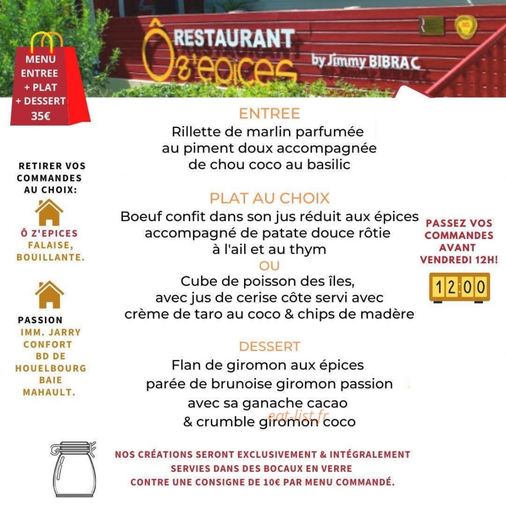 Carte et menu de Ô z'épices à Bouillante — Menu week-end
