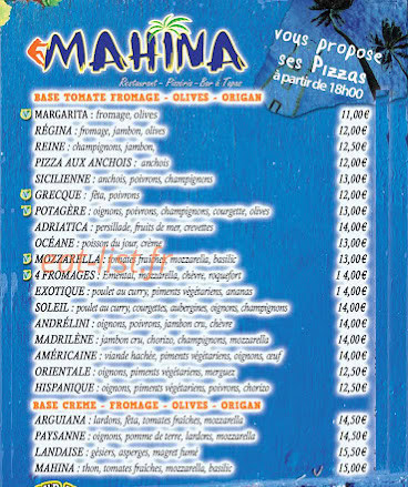 Carte et menu de Mahina à Deshaies — Les pizzas