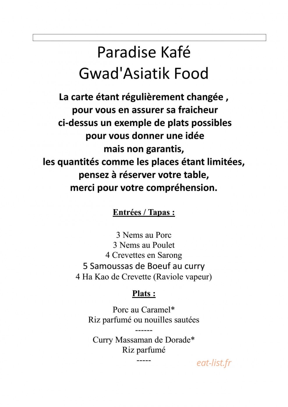 Paradise Kafé — carte page 1