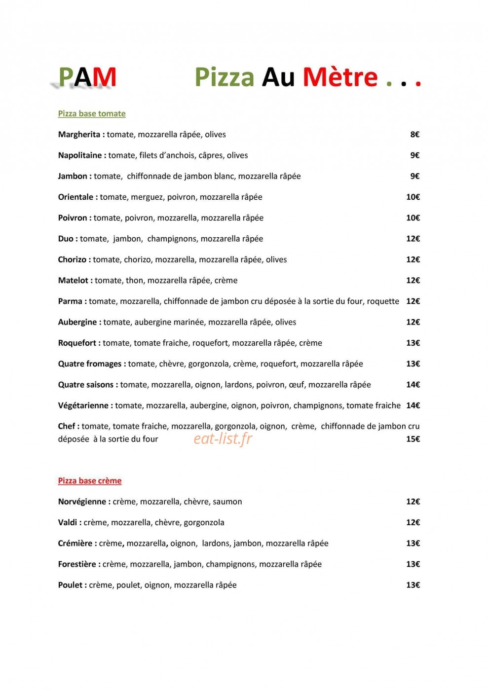 Pizzéria Pam — carte page 2