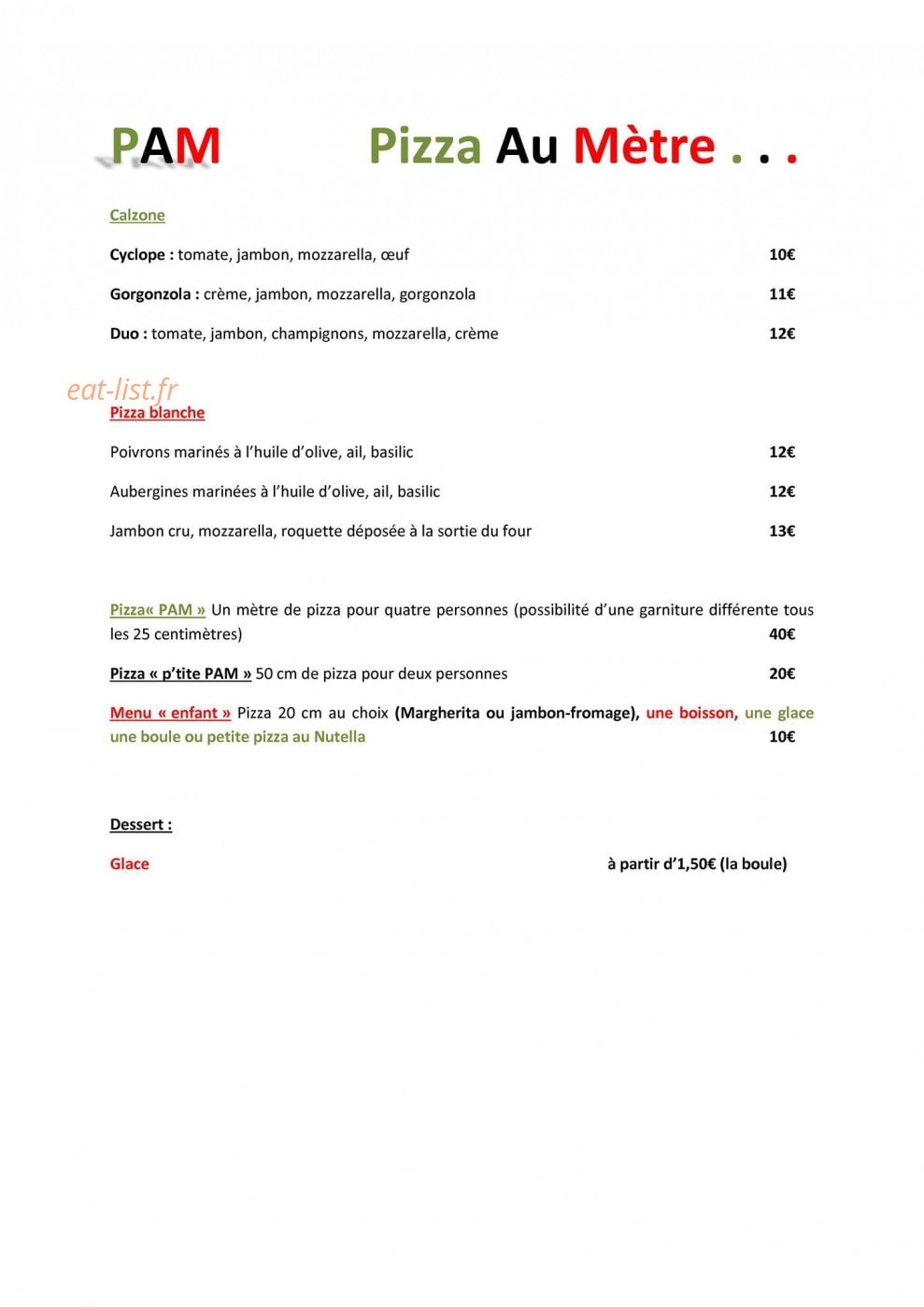 Pizzéria Pam — carte page 1