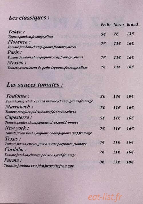 Kaz a Pizza — carte page 1