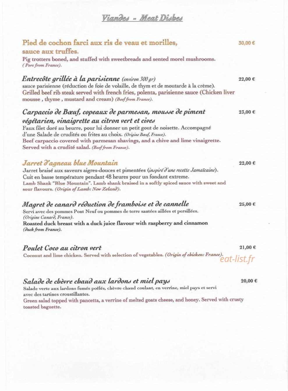 Carte et menu de Ti Kaz' la à Terre de Haut — Viandes