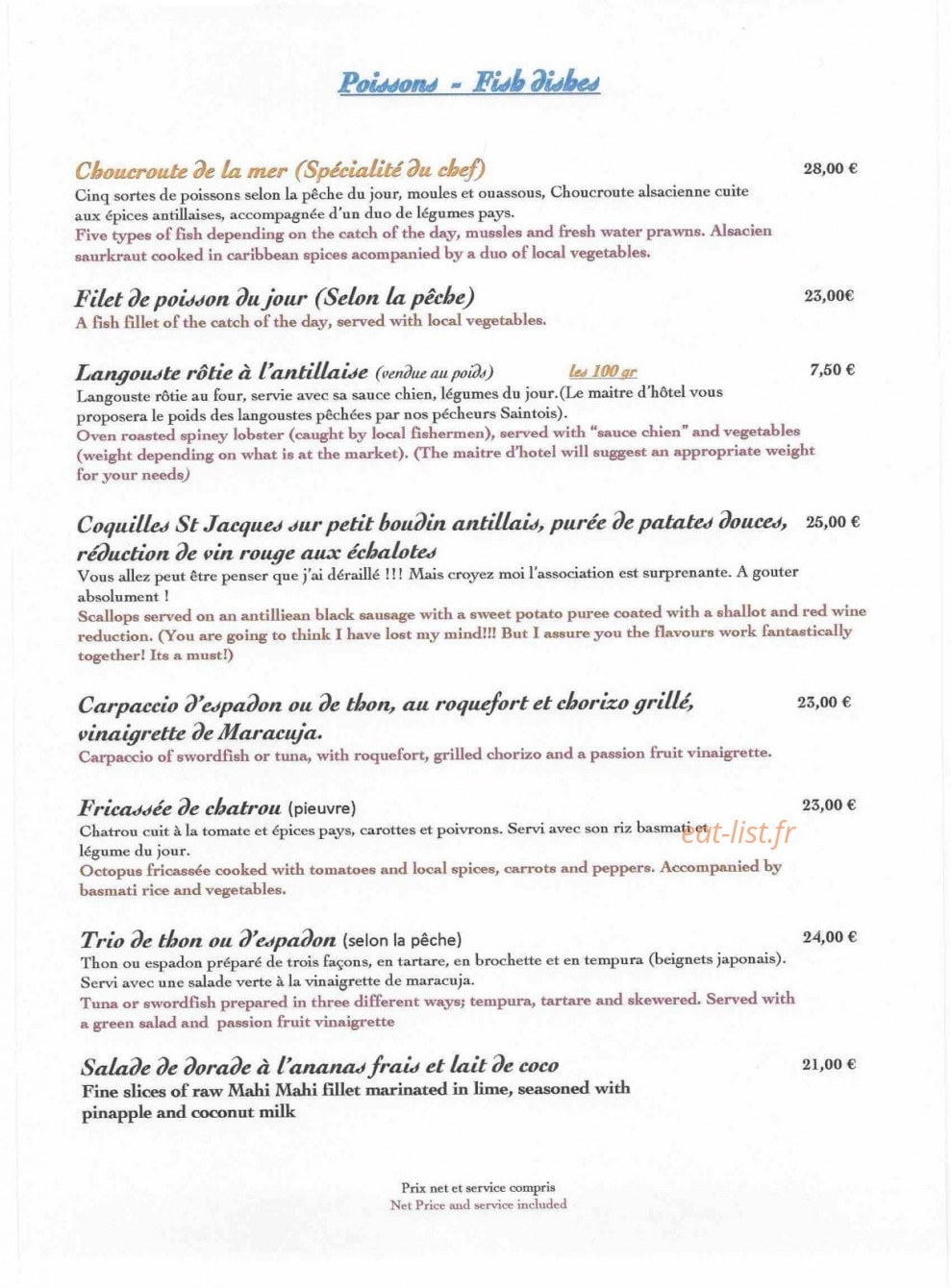 Carte et menu de Ti Kaz' la à Terre de Haut — Poissons