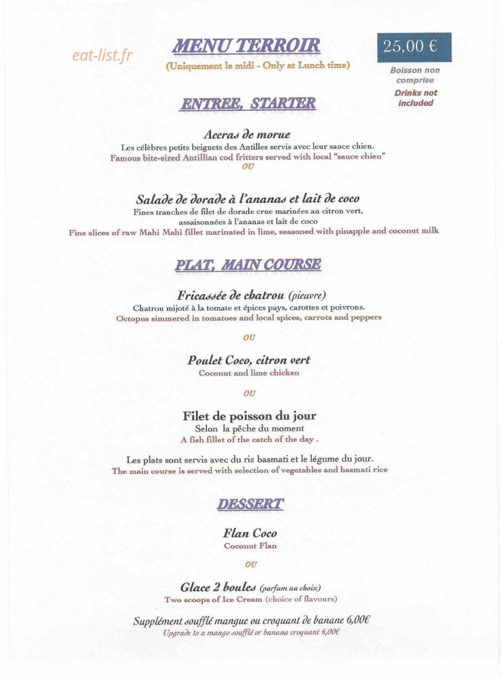 Carte et menu de Ti Kaz' la à Terre de Haut — Menu terroir