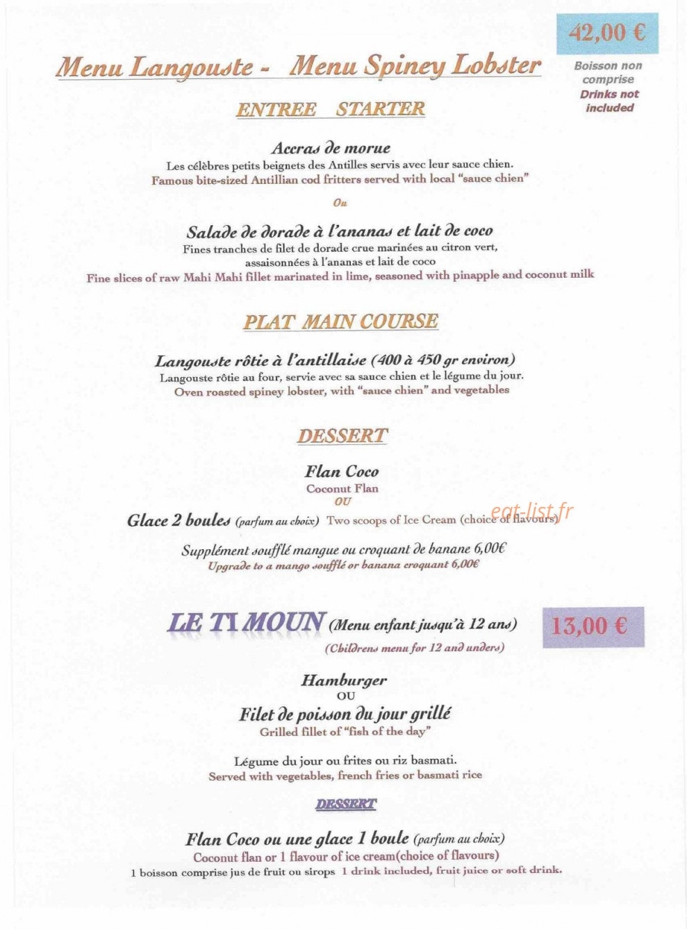Carte et menu de Ti Kaz' la à Terre de Haut — Menu langouste