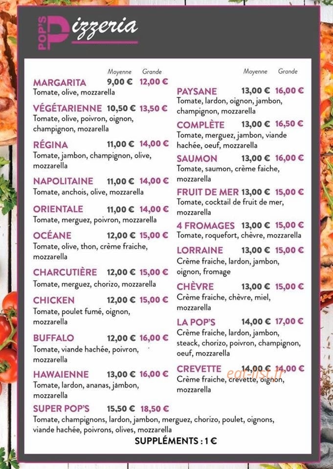 Pop's Pizzeria — carte page 1