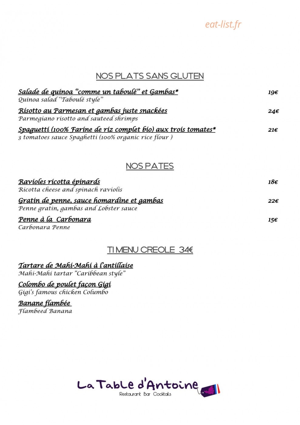 La table d'Antoine — carte page 9