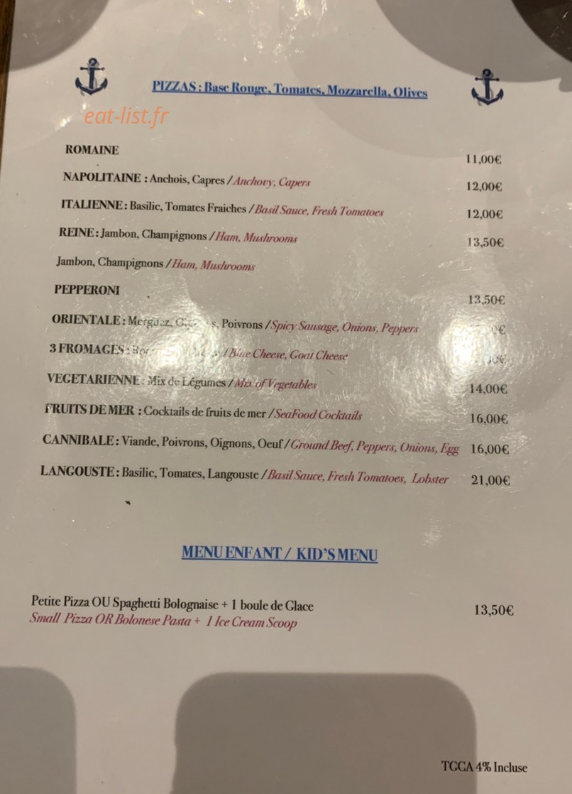 Carte et menu de Le Bistro de la Mer à Saint Martin — Les pizzas et menu enfant