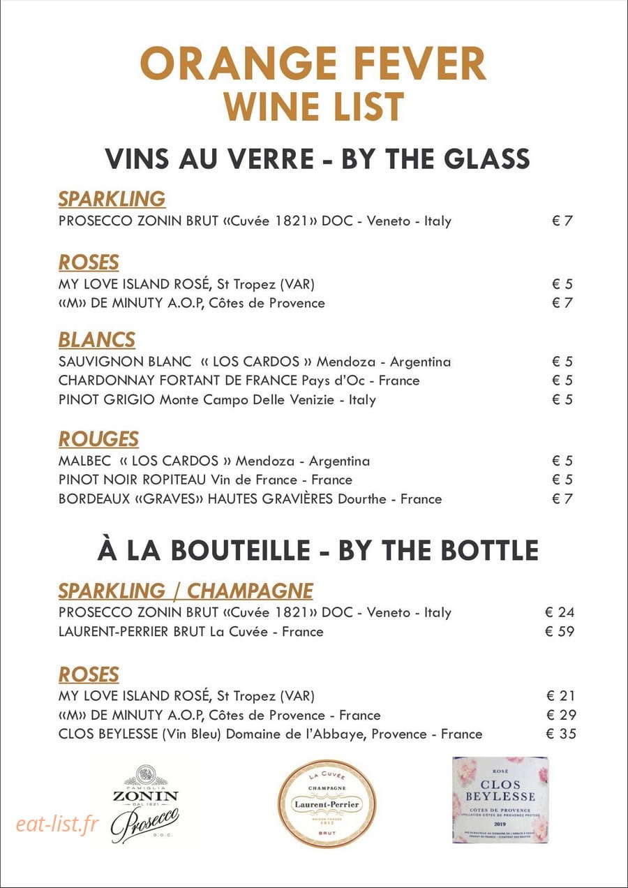 Carte et menu de Orange Fever à Saint Martin — Les vins