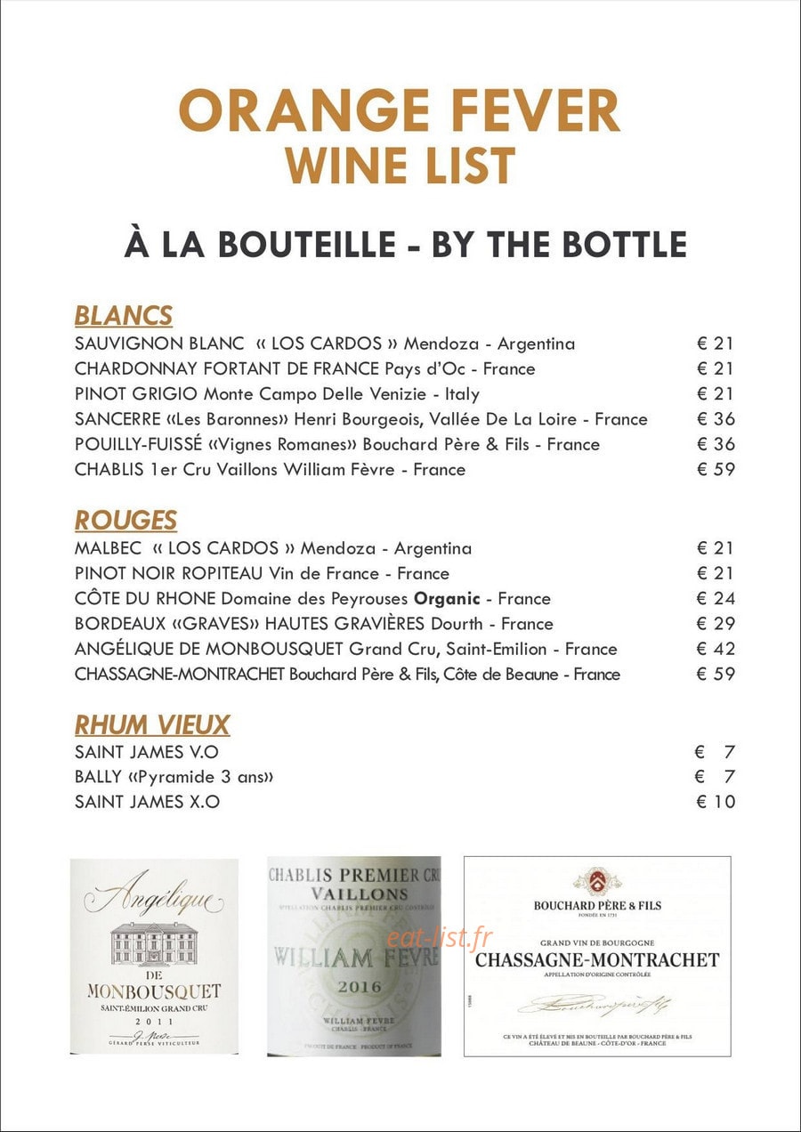 Carte et menu de Orange Fever à Saint Martin — A la bouteille