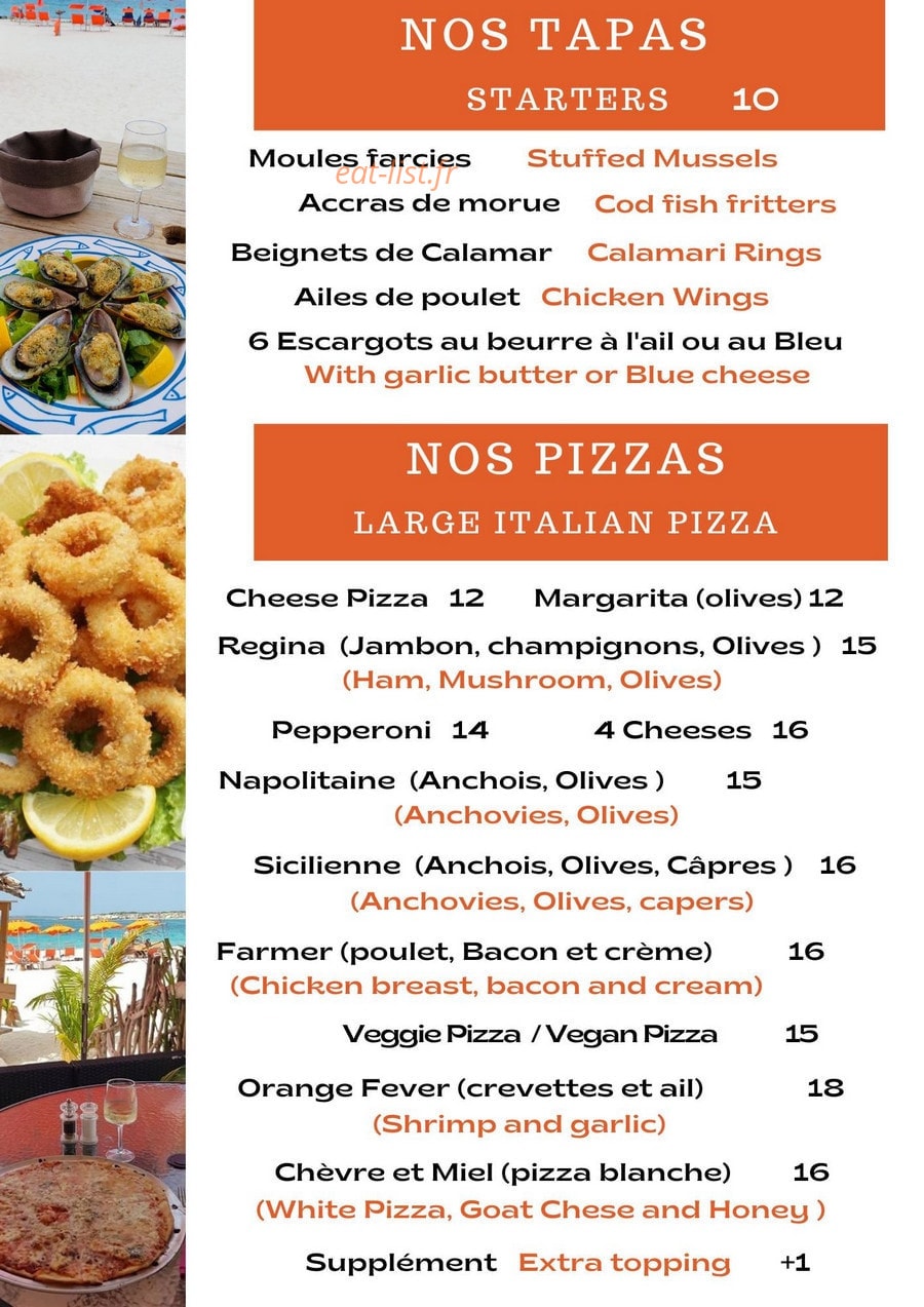 Carte et menu de Orange Fever à Saint Martin — Les tapas et pizzas