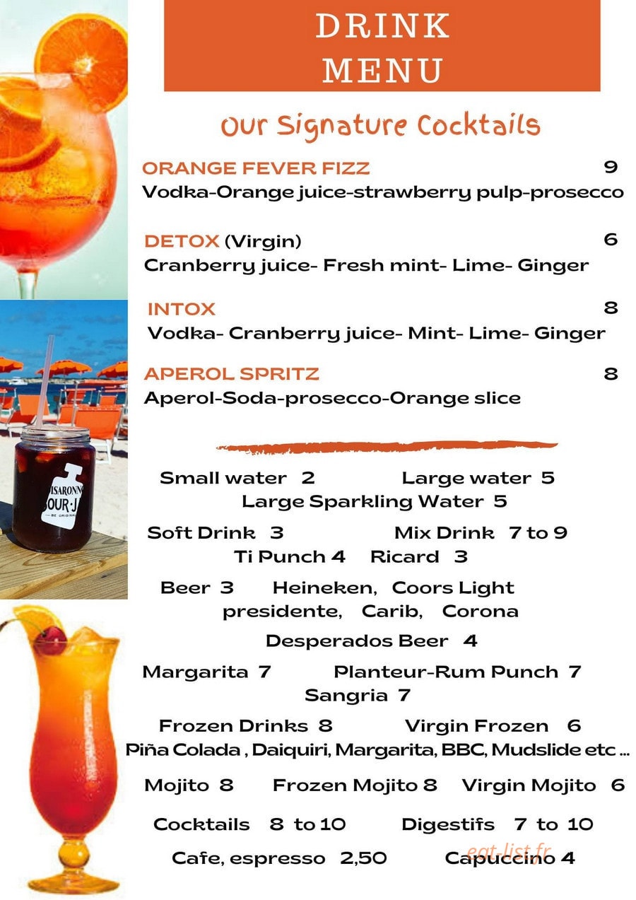Carte et menu de Orange Fever à Saint Martin — Les cocktails