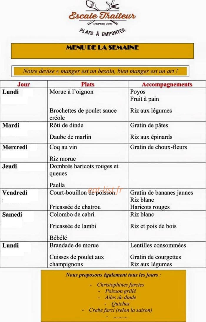 Escale Traiteur — carte page 1