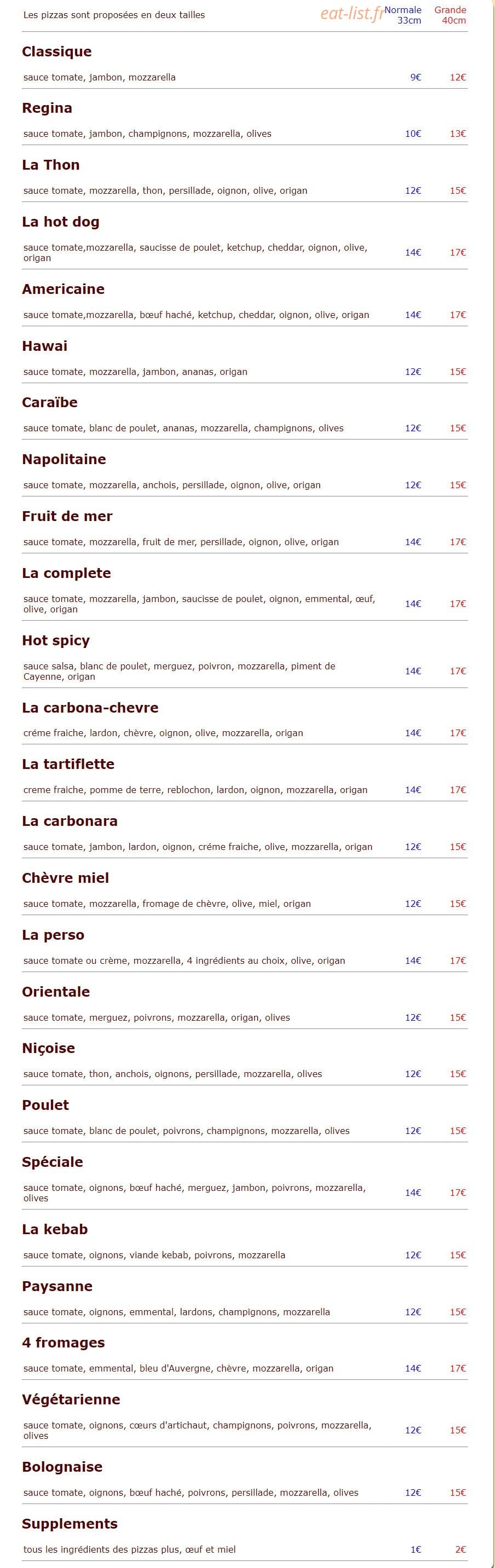Pizzas Kebabs — carte page 1