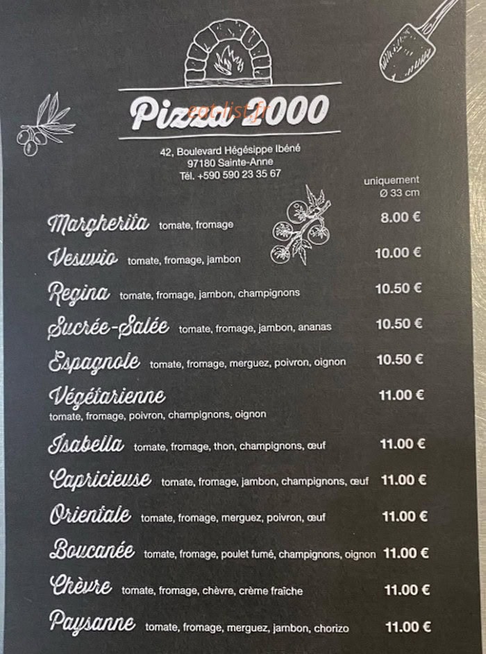 Carte et menu de Pizza 2000 à Sainte Anne — Les pizzas