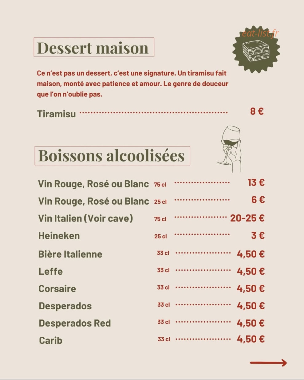 Carte et menu de El capo della pizza à Le Gosier — Dessert maison, boissons alcoolisées