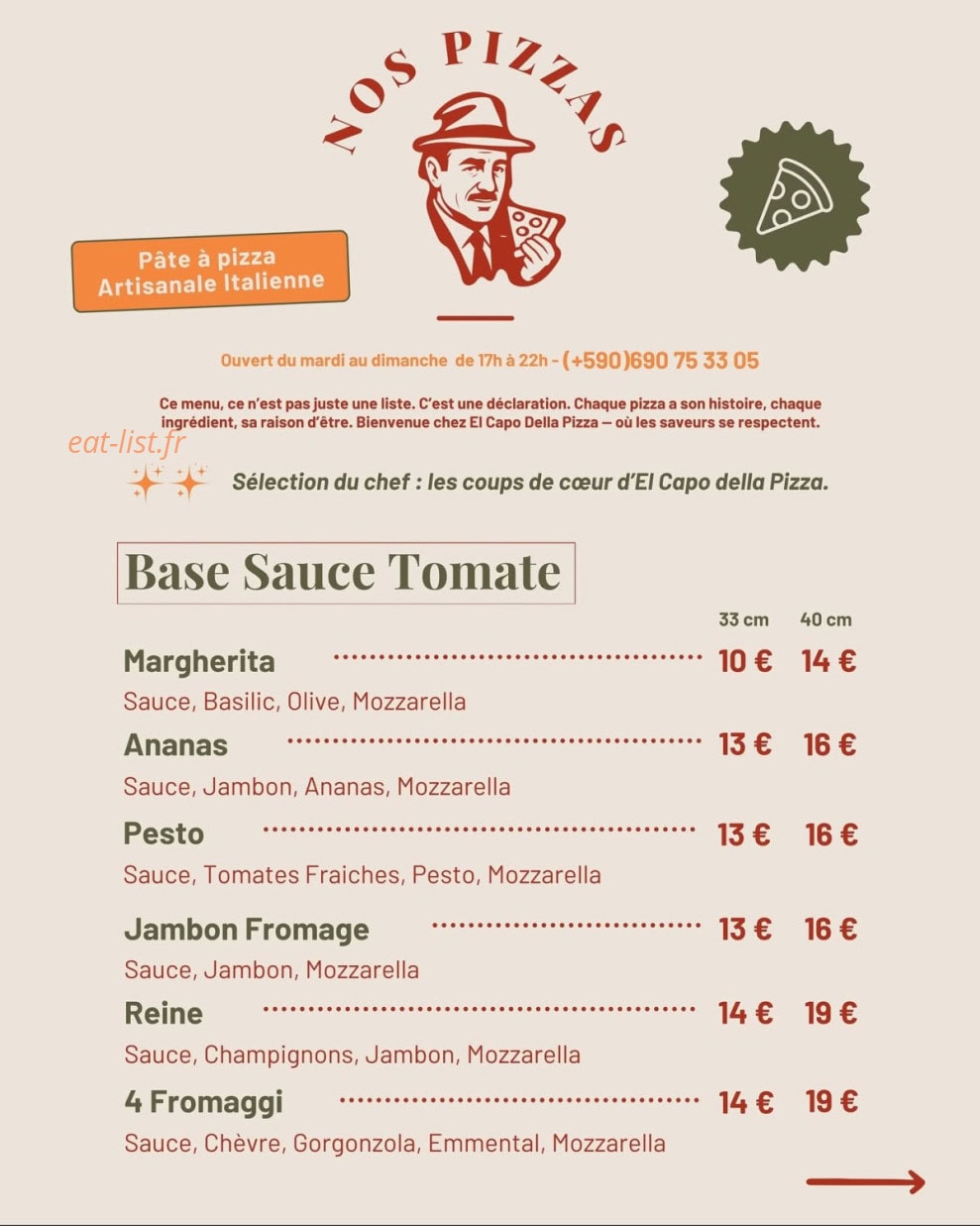 Carte et menu de El capo della pizza à Le Gosier — Pizzas base tomate