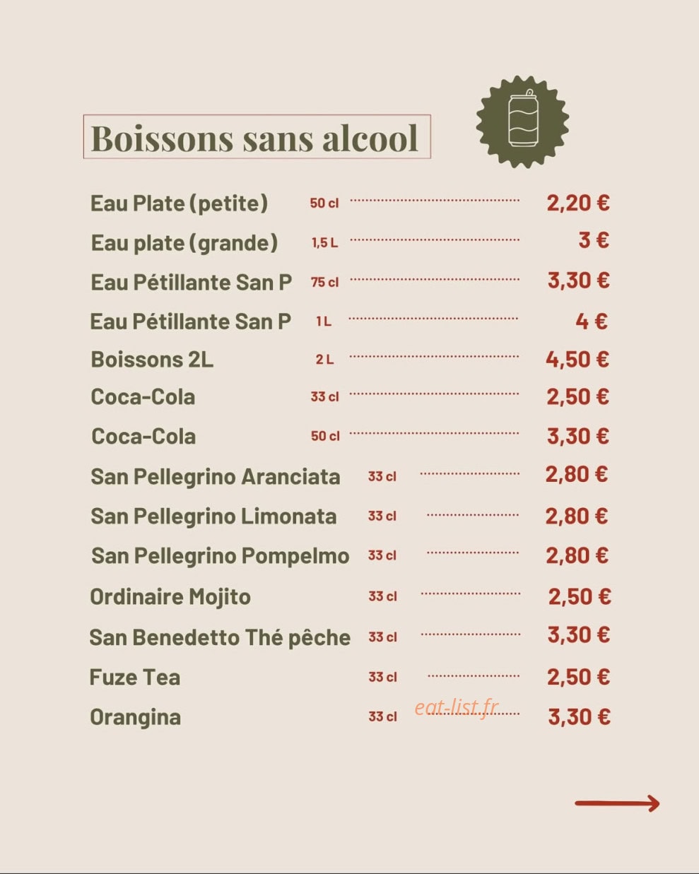 Carte et menu de El capo della pizza à Le Gosier — Boissons sans alcool