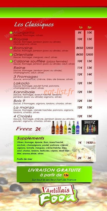 Carte et menu de Antillais food à Fort de France — Les pizzas suite