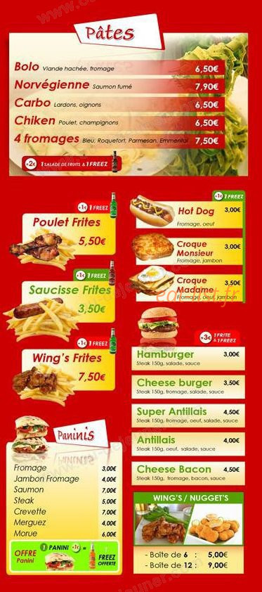 Carte et menu de Antillais food à Fort de France — Les pates