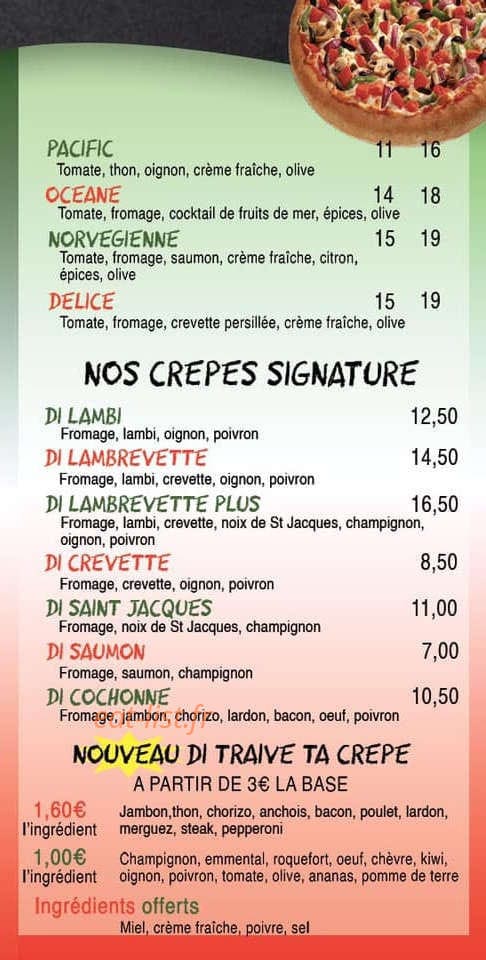 Carte et menu de Di Trevi à Fort de France — Pizzas suites et crêpes