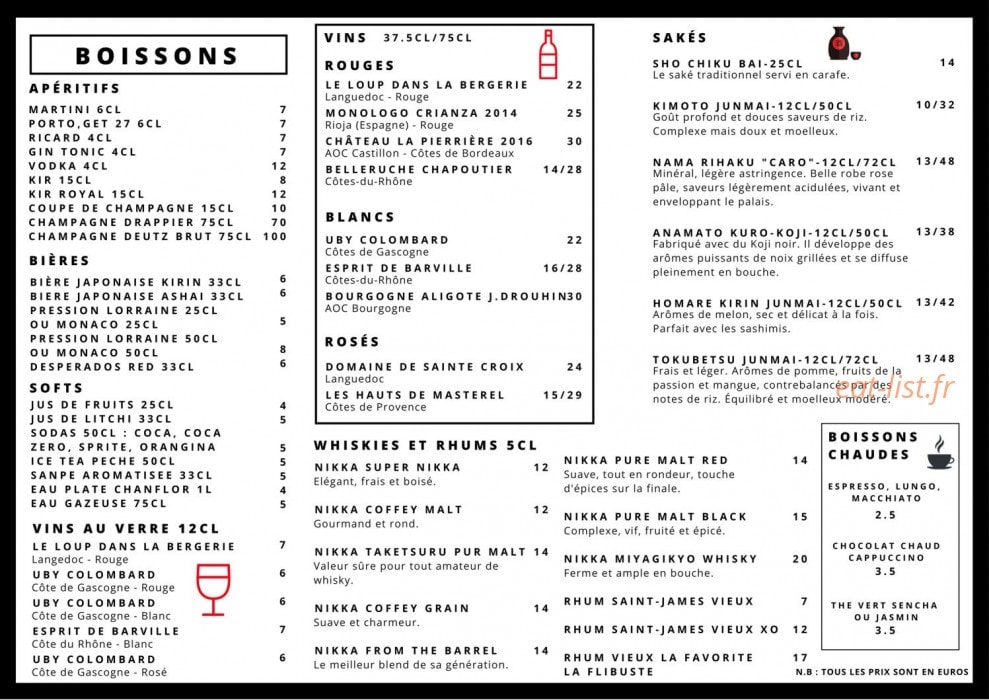 Carte et menu de Fuji Sushi à Fort de France — Les boissons