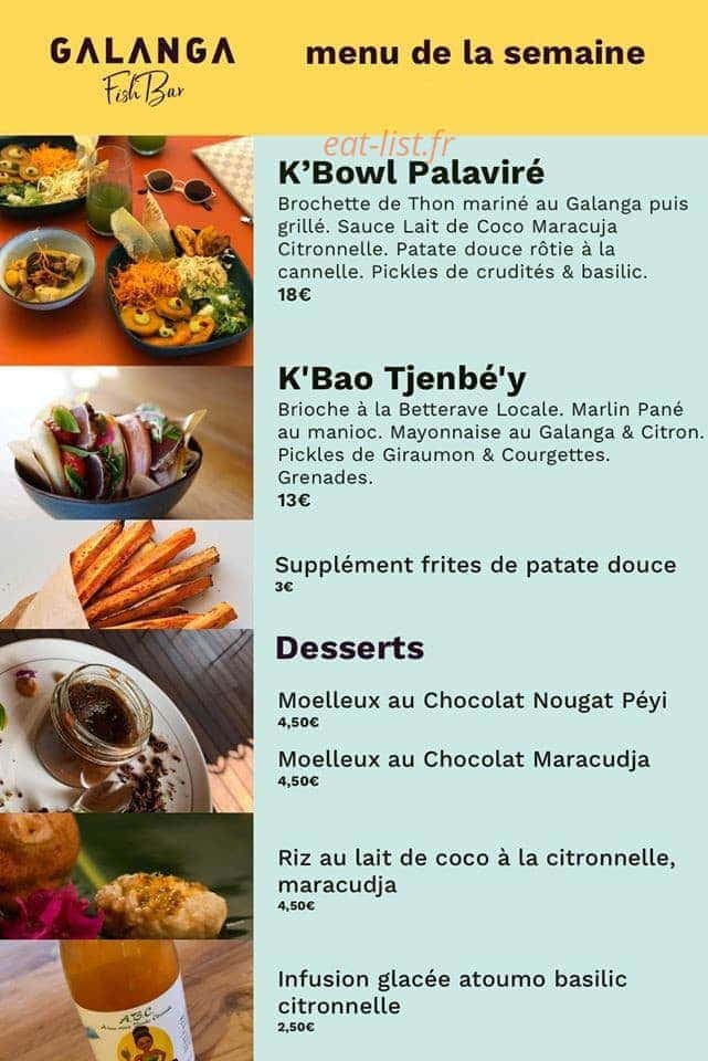 Carte et menu de Galanga à Fort de France — Menus de la semaine
