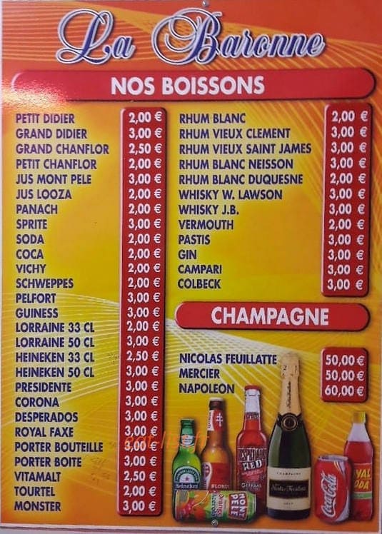 Carte et menu de La Baronne à Fort de France — Les boissons