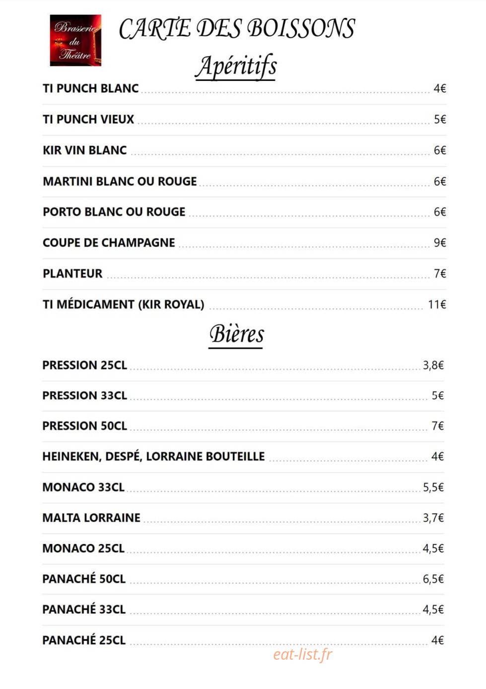 Carte et menu de La Brasserie du Théâtre à Fort de France — Les apéritifs et bières
