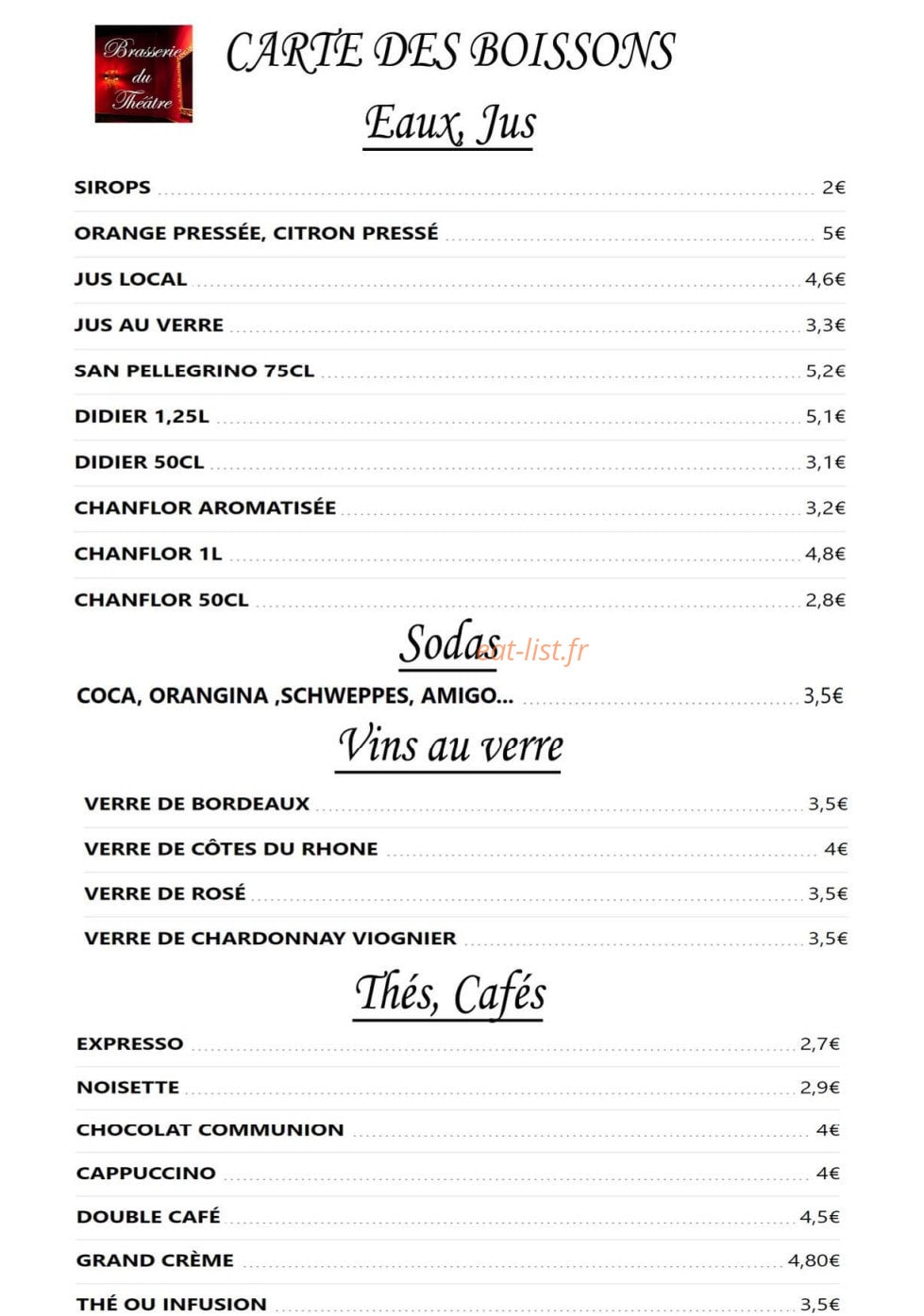 Carte et menu de La Brasserie du Théâtre à Fort de France — Les eaux, vins au verre et thés,...