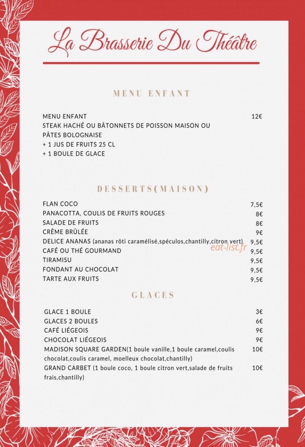 Carte et menu de La Brasserie du Théâtre à Fort de France — Menu enfant, desserts et glaces