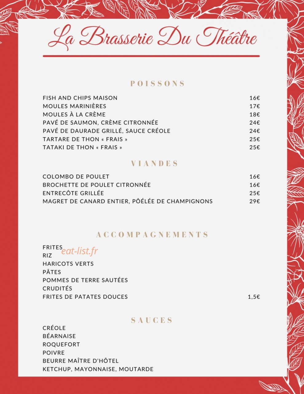 Carte et menu de La Brasserie du Théâtre à Fort de France — Les poissons, viandes et accompagnements,...