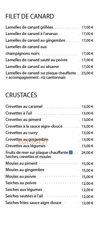Carte et menu de Le Hanoï à Fort de France — Les filets de canards et crustacés