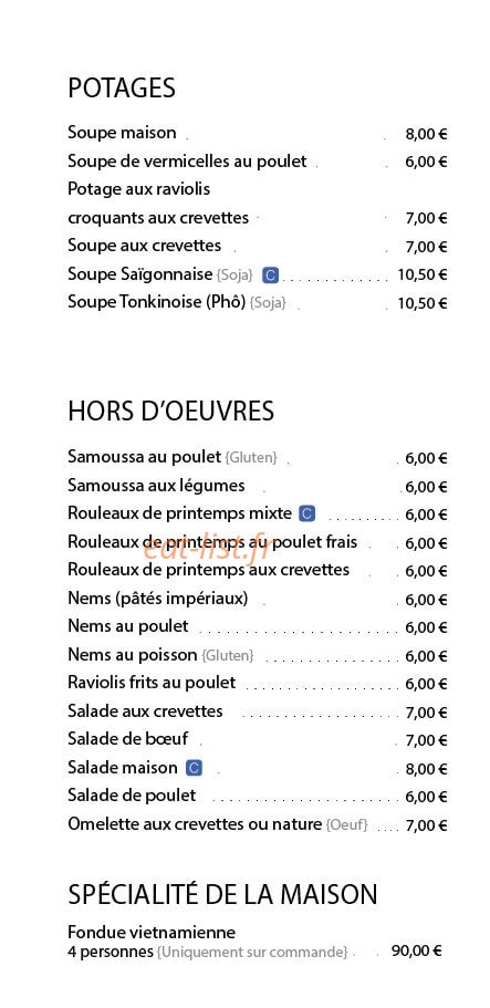 Carte et menu de Le Hanoï à Fort de France — Les potages, hors d'œuvres, ...