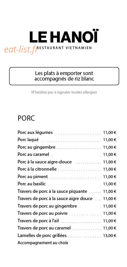 Carte et menu de Le Hanoï à Fort de France — Les porcs