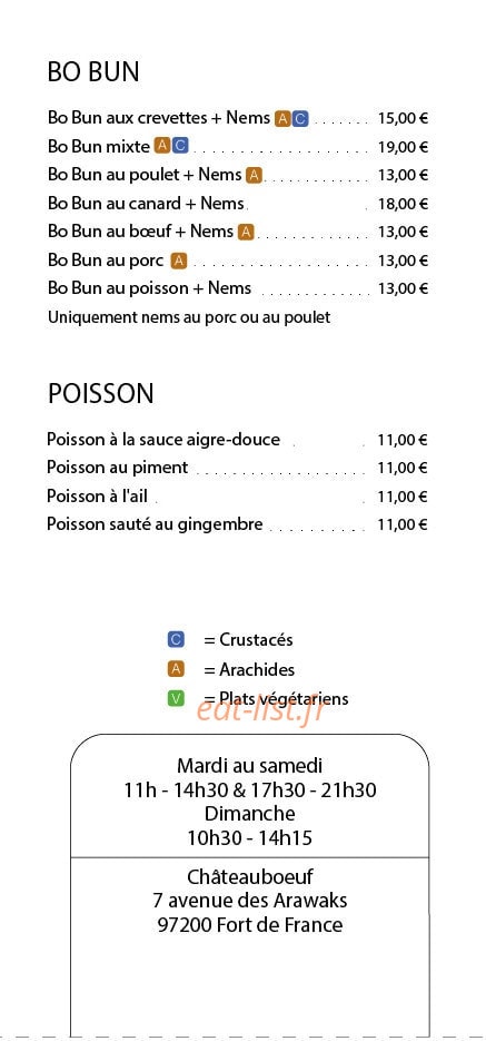 Carte et menu de Le Hanoï à Fort de France — Les bo bun et poissons