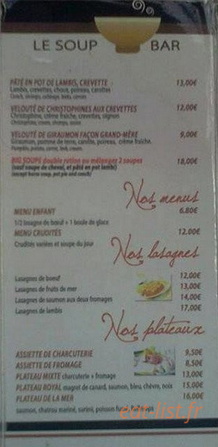 Carte et menu de Le Soup'bar à Fort de France — Les menus, lasagnes et plateaux