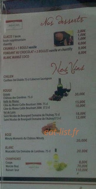 Carte et menu de Le Soup'bar à Fort de France — Les desserts et vins