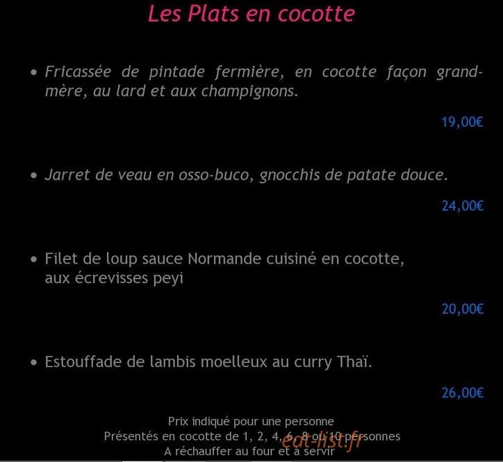 Carte et menu de Le Traiteur Gourmet à Fort de France — Les plats en cocotte