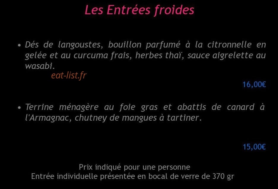 Carte et menu de Le Traiteur Gourmet à Fort de France — Les entrées froides