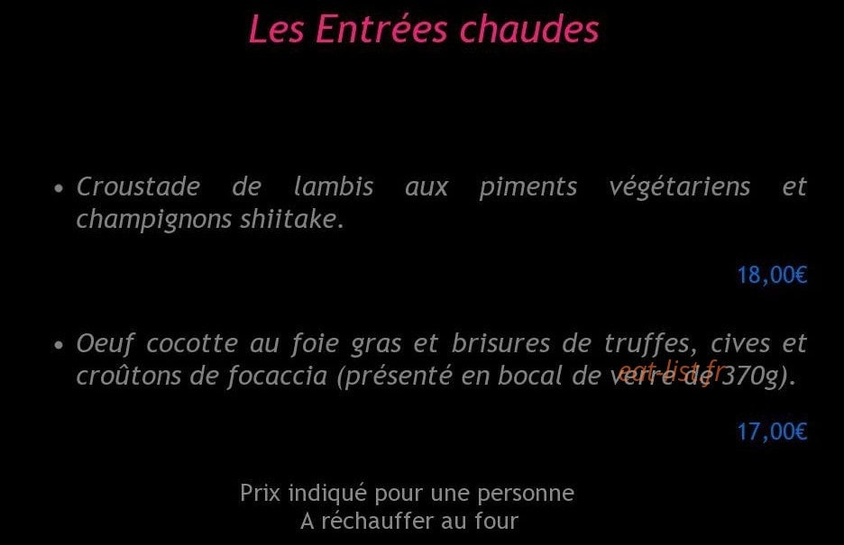 Carte et menu de Le Traiteur Gourmet à Fort de France — Les entrées chaudes