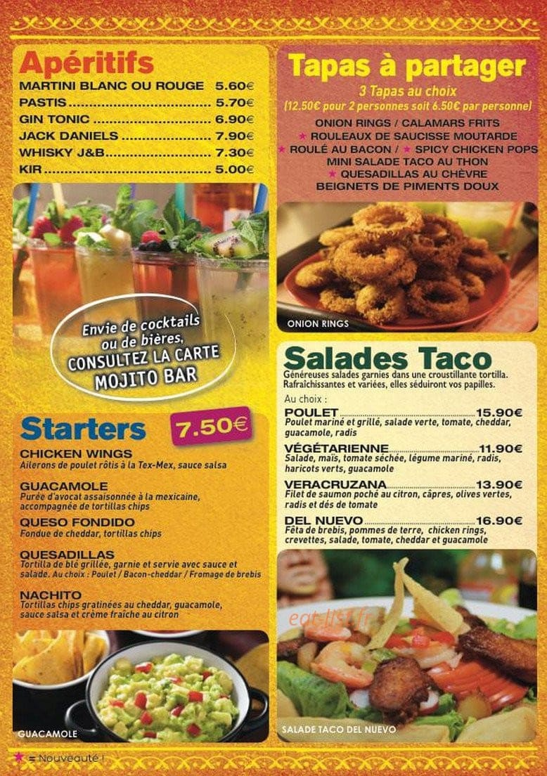 Carte et menu de Nuevo Mejico à Fort de France — Les apéritifs, les starters,...