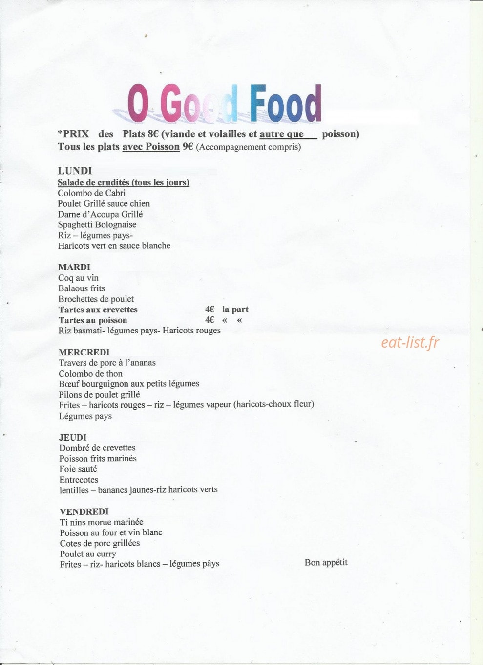 Carte et menu de Ô Good Food à Fort de France — exemple de Menus de la semaine