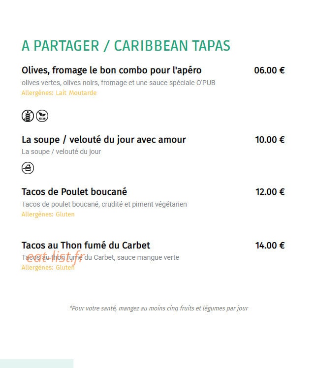 O' Pub — carte page 1