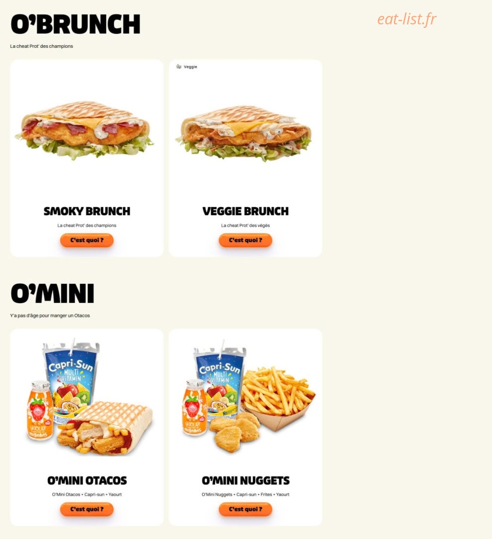 Carte et menu de O'Tacos à Fort de France — Brunch, o mini