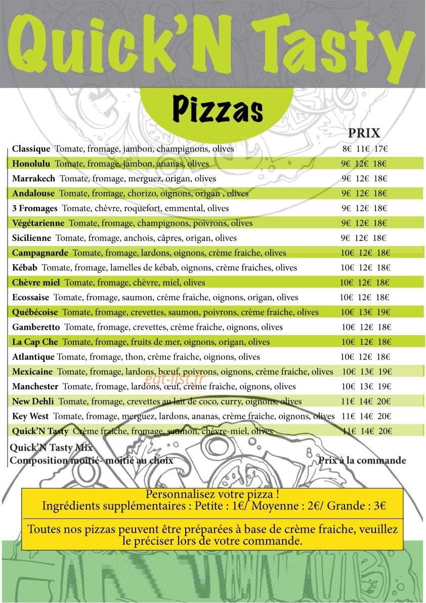 Carte et menu de Quick'N Tasty à Fort de France — Les pizzas