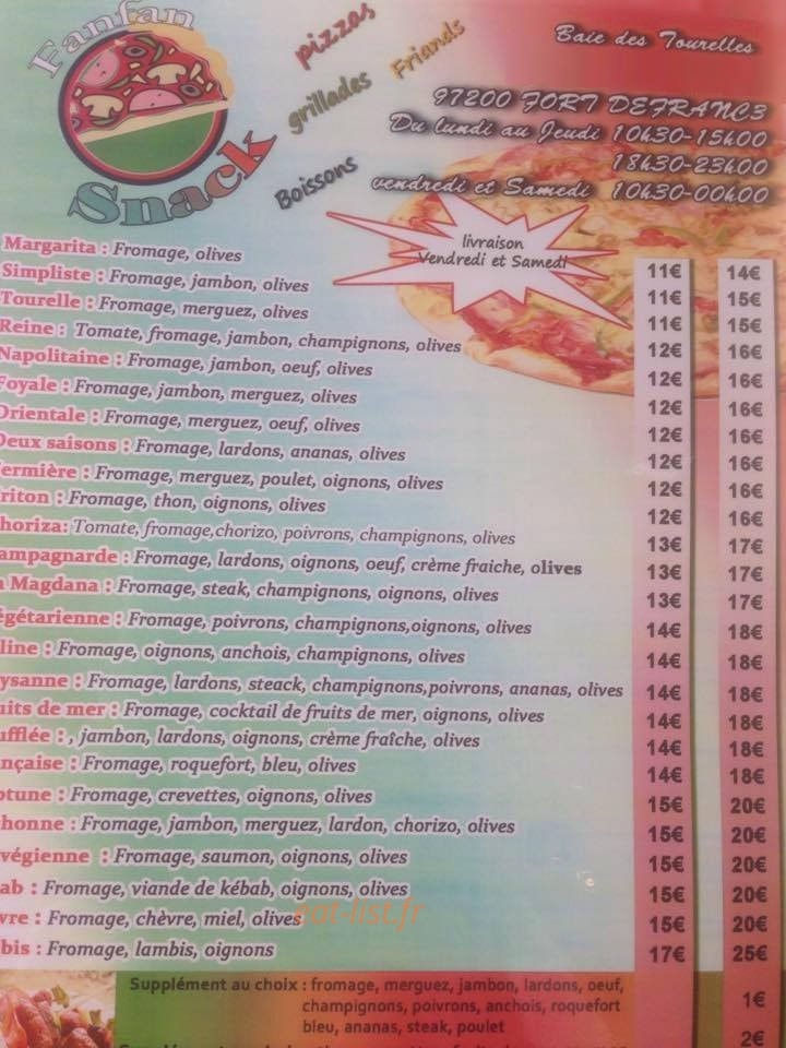 Carte et menu de Snack Fanfan à Fort de France — Les pizzas