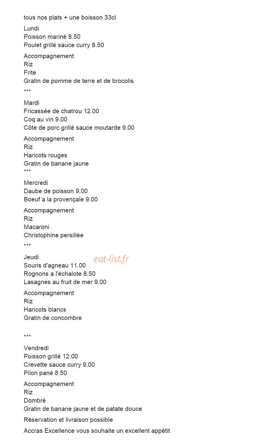 Accras excellence — carte page 1
