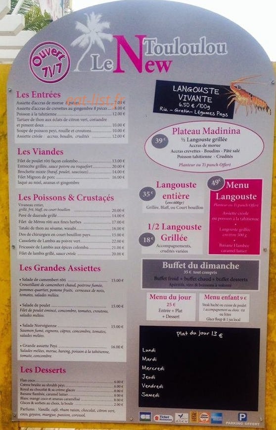Carte et menu de Le New Touloulou à Sainte Anne — Les menus à la carte et les formules
